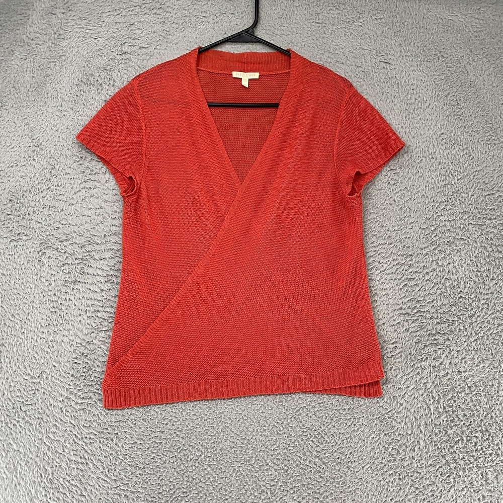 Eileen Fisher Wrap Top Womens PM Red 100% Linen Short Sleeve Knit V Neck Sweater